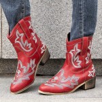 Women Casual Totem Embroidery Winter Warm Pointed Toe Mid-Calf Cowboy Boots