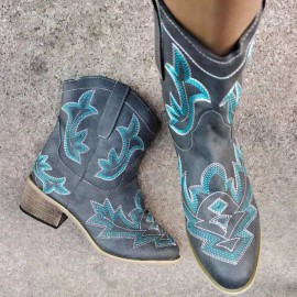 Women Casual Totem Embroidery Winter Warm Pointed Toe Mid-Calf Cowboy Boots