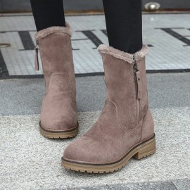 Women Casual Suede Round Toe Side Zipper Flat Snow Boots