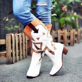 Large Size Women Pointed Toe Splicing High Square Heel Long Cowboy Boots