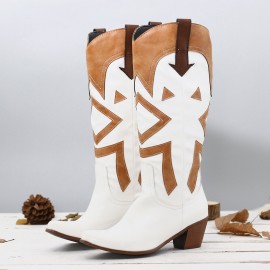 Large Size Women Pointed Toe Splicing High Square Heel Long Cowboy Boots