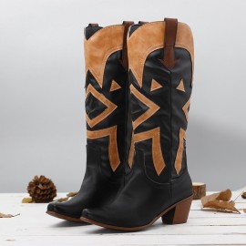 Large Size Women Pointed Toe Splicing High Square Heel Long Cowboy Boots