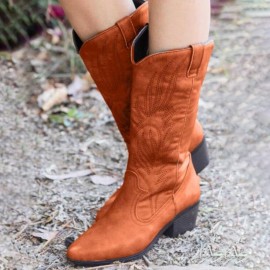 Women Leather Embroidery Pattern Pointy Toe Chunky Heel Trendy Knight Cowboy Boots