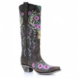 Women Retro Floral Animal Embroidery Leather Pointy-toe V-Cut Chunky Heel Mid-calf Knight Boots