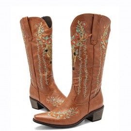 Women Retro Floral Animal Embroidery Leather Pointy-toe V-Cut Chunky Heel Mid-calf Knight Boots