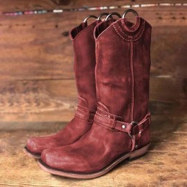 Women Retro Long Square Toe Slip-on Harness Boots