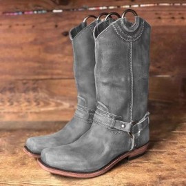 Women Retro Long Square Toe Slip-on Harness Boots