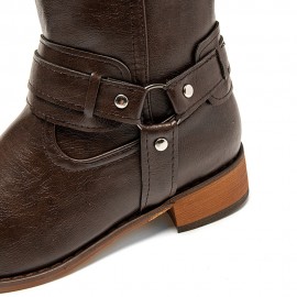 Women Retro Long Square Toe Slip-on Harness Boots