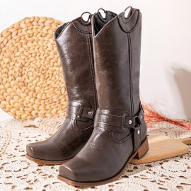 Women Retro Long Square Toe Slip-on Harness Boots