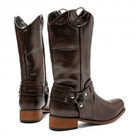 Women Retro Long Square Toe Slip-on Harness Boots