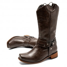 Women Retro Long Square Toe Slip-on Harness Boots