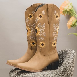 Plus Size Women Retro Sunflower Embroidered Chunky Heel Mid Calf Cowboy Boots