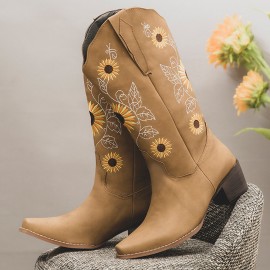 Plus Size Women Retro Sunflower Embroidered Chunky Heel Mid Calf Cowboy Boots