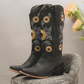 Plus Size Women Retro Sunflower Embroidered Chunky Heel Mid Calf Cowboy Boots