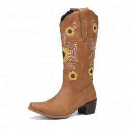 Plus Size Women Retro Sunflower Embroidered Chunky Heel Mid Calf Cowboy Boots