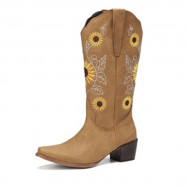 Plus Size Women Retro Sunflower Embroidered Chunky Heel Mid Calf Cowboy Boots