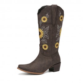 Plus Size Women Retro Sunflower Embroidered Chunky Heel Mid Calf Cowboy Boots