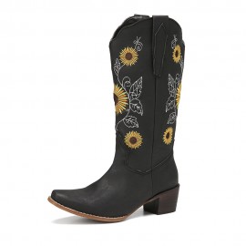 Plus Size Women Retro Sunflower Embroidered Chunky Heel Mid Calf Cowboy Boots