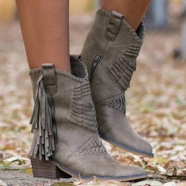 Plus Size Women Tassel Side Zipper Chunky Heel Mid-calf Cowboy Boots