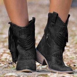 Plus Size Women Tassel Side Zipper Chunky Heel Mid-calf Cowboy Boots