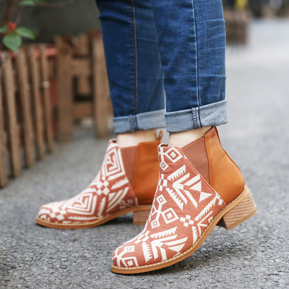 Women Folkways Printing Stitching Casual Block Heel Ankle Boots