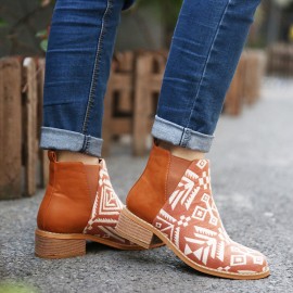 Women Folkways Printing Stitching Casual Block Heel Ankle Boots