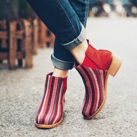 Women Folkways Printing Stitching Casual Block Heel Ankle Boots