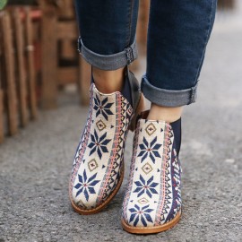 Women Folkways Printing Stitching Casual Block Heel Ankle Boots