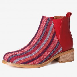 Women Folkways Printing Stitching Casual Block Heel Ankle Boots