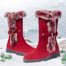 Plus Size Women Winter Plush Lining Buckle Decor Increased Heel Snow Boots