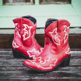 Women Folkways Floral Embroidered Chunky Heel Slip-On Short Cowboy Boots