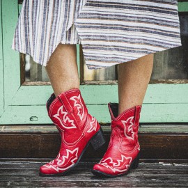 Women Folkways Floral Embroidered Chunky Heel Slip-On Short Cowboy Boots