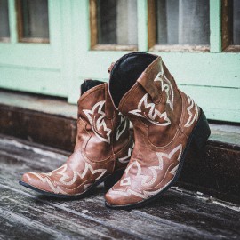 Women Folkways Floral Embroidered Chunky Heel Slip-On Short Cowboy Boots