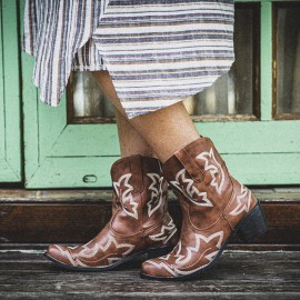 Women Folkways Floral Embroidered Chunky Heel Slip-On Short Cowboy Boots