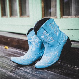 Women Folkways Floral Embroidered Chunky Heel Slip-On Short Cowboy Boots