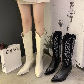 Women Embroidered Pointed Toe Chunky Heel High Cowboy Boots