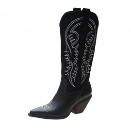 Women Embroidered Pointed Toe Chunky Heel High Cowboy Boots