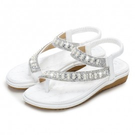 Bohemian Rhinestone Clip Toe Flip Flops Soft Bottom Flat Sandals