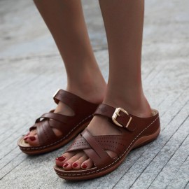 Women Hollow Out Breathable Open Toe Buckle Summer Casual Wedge Sandals