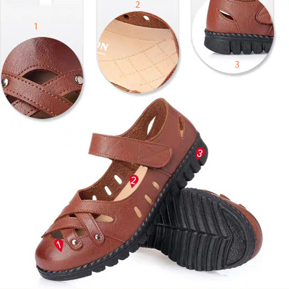 Women Cross Hollow-out Soft Sole Non-slip Hook Loop Flat Sandals