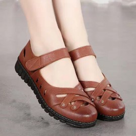 Women Cross Hollow-out Soft Sole Non-slip Hook Loop Flat Sandals