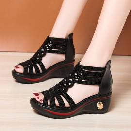 Women Back-zip Soft Comfy Breathable Hollow Rhinestone Embellished Wedges Sandals