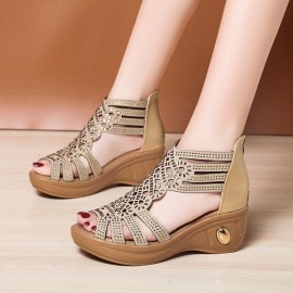 Women Back-zip Soft Comfy Breathable Hollow Rhinestone Embellished Wedges Sandals