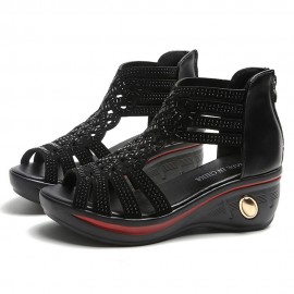 Women Back-zip Soft Comfy Breathable Hollow Rhinestone Embellished Wedges Sandals