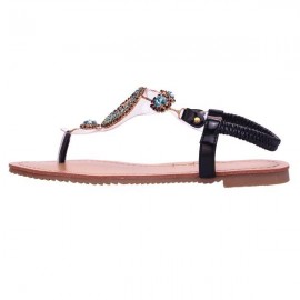 Rhinestone Beaded Elastic Flip Flop Casual Flat Sandals