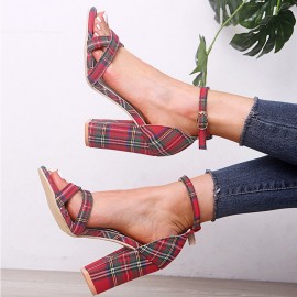 Women Plaid Cross Strap Lattice Decor Buckle High Heel Sandals