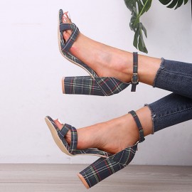 Women Plaid Cross Strap Lattice Decor Buckle High Heel Sandals