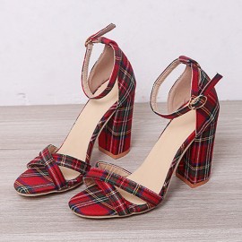 Women Plaid Cross Strap Lattice Decor Buckle High Heel Sandals