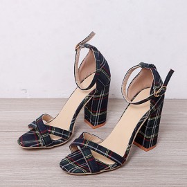 Women Plaid Cross Strap Lattice Decor Buckle High Heel Sandals