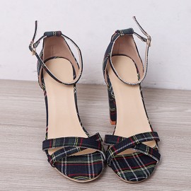 Women Plaid Cross Strap Lattice Decor Buckle High Heel Sandals